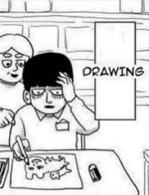 cropped manga panel of mob from mob psycho 100 looking agonized at his horrible drawing of a tiger. he is captioned with the word 