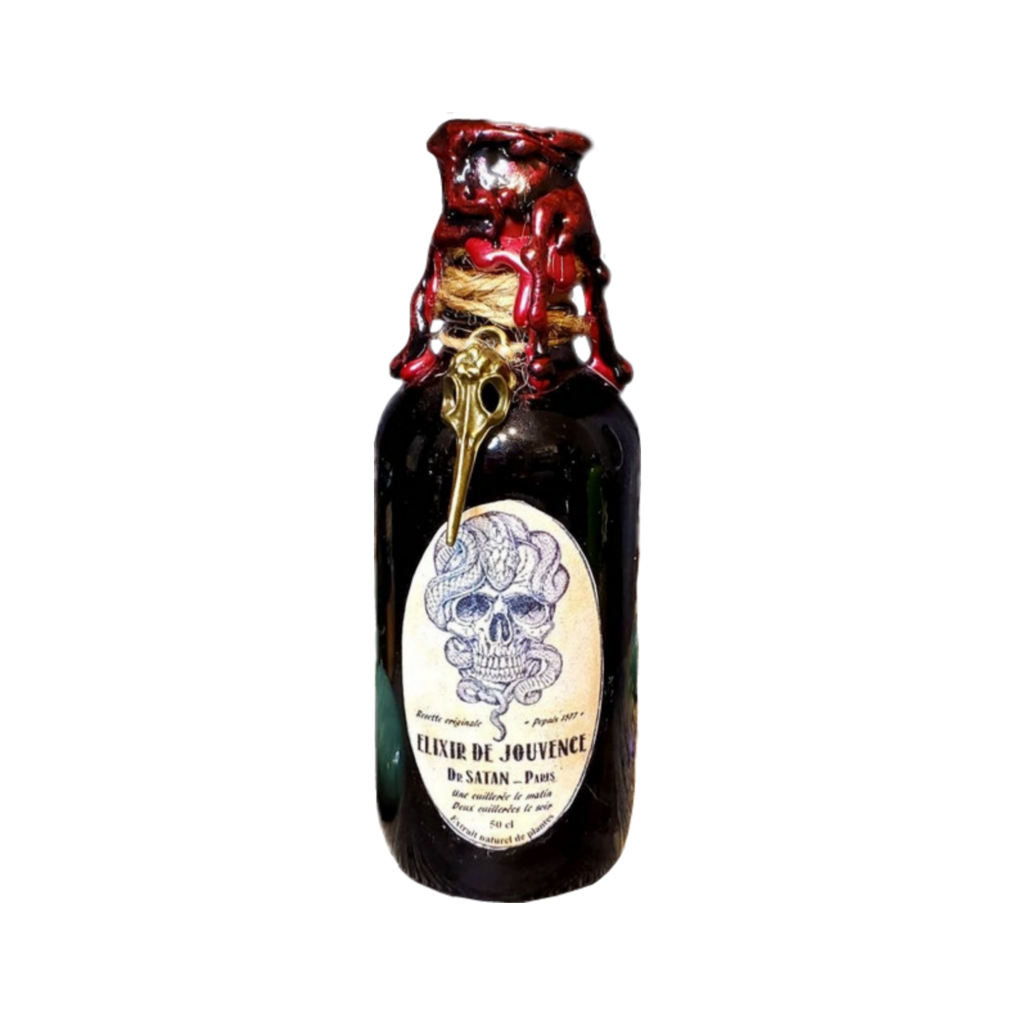 dark burgundy potion with a skull on the label and wine and wax over the cork
