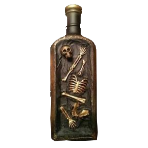 brown bottle with skeletal pieces in disarray