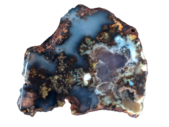 plume agate with blue, coral, and purple coloration