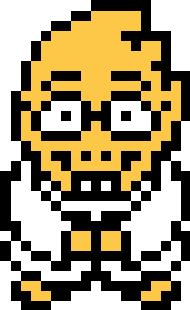 overworld sprite of alphys looking at the viewer and doing raptor hands