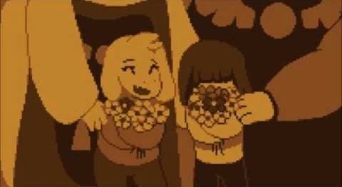 sepia tone pixel art from undertale showing asriel and the fallen child clutching flowers, toriel and asgore's hands on their shoulders respectively