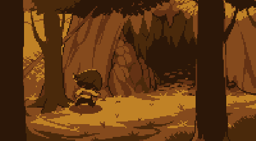sepia tone pixel art from undertale showing chara running into the cave at mt. ebott