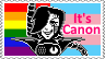 stamp of mettaton over gay and trans flags with the text it's canon