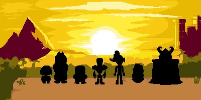 art from undertale showing frisk, toriel, sans, papyrus, undyne, alphys, and asgore's silhouettes facing the rising or setting sun after reaching the surface