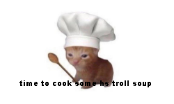 time to cook soup hs troll soup tiny cat in chef's hat