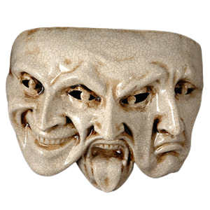 three-faced mask of joy, anger, and sadness