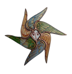 tricolor seraph figurine with 6 wings and a face in the center