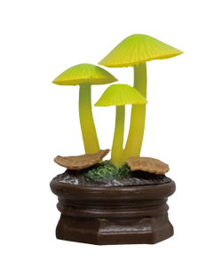 standee of three fake neon green mushrooms