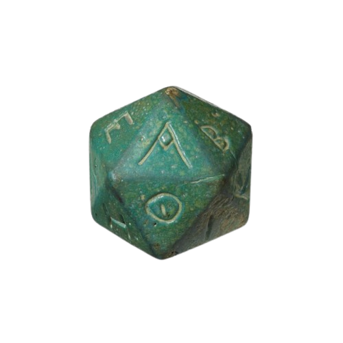 a twenty-sided green stone die with symbols carved into it