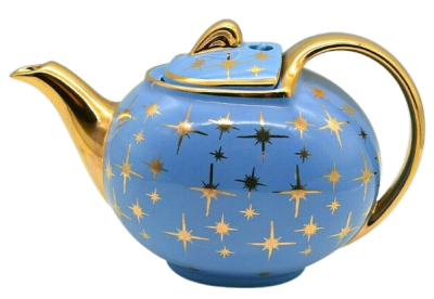 blue teapot with gold spout and handle and many gold stars