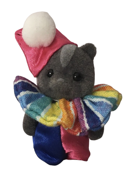 sylvanian family figurine of a black cat wearing a jester's costume