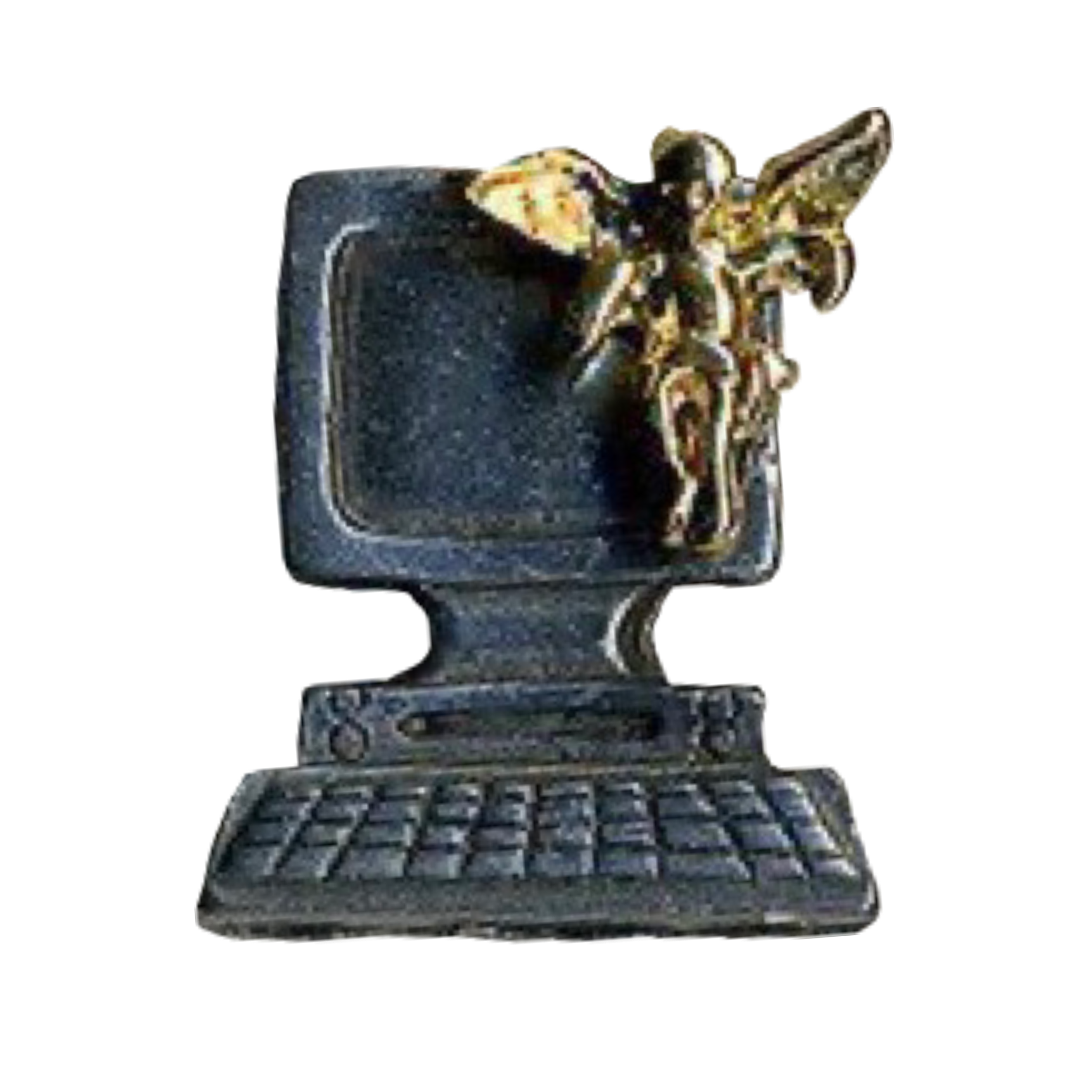 pin of a computer with a golden angel appended to its top right